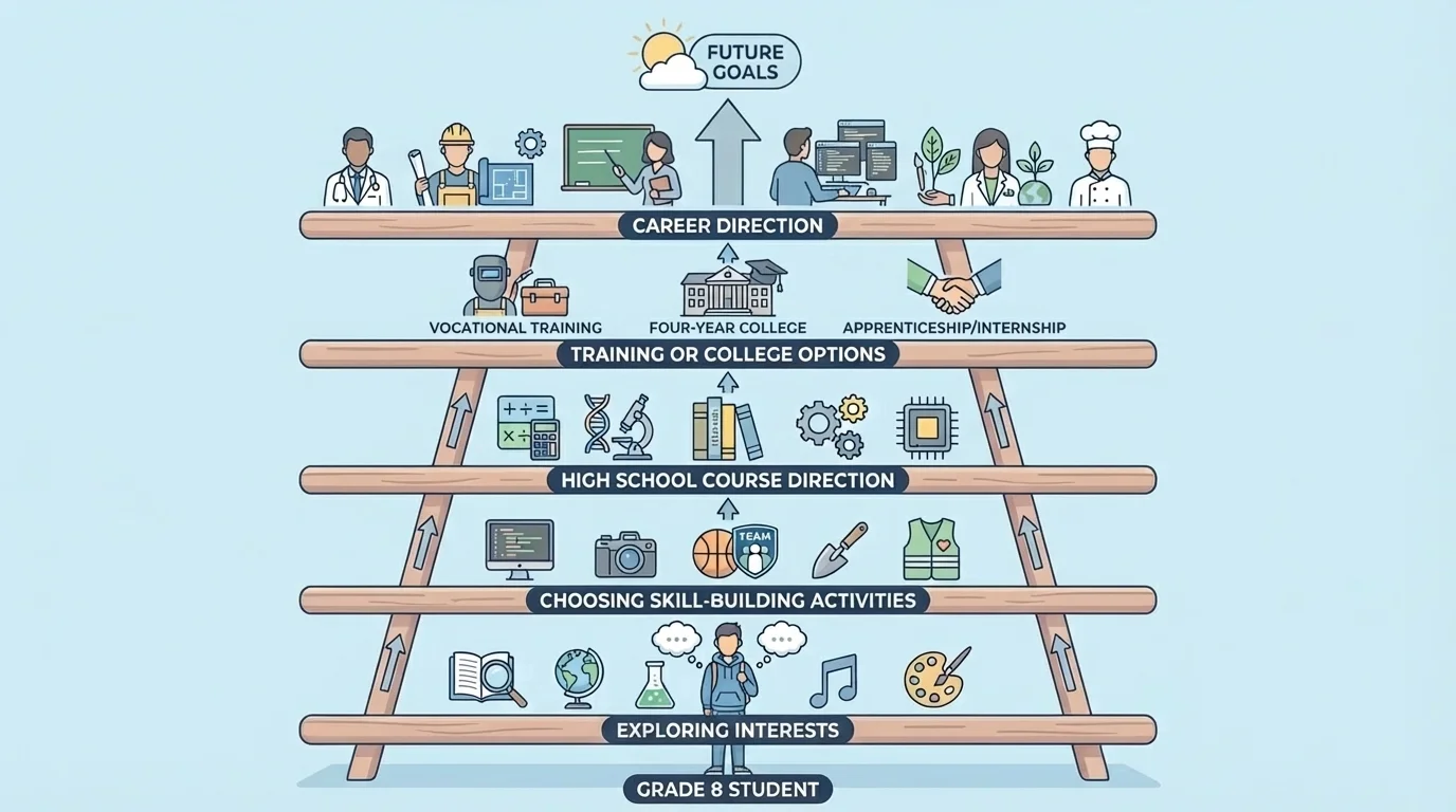 goal ladder showing grade 8 student exploring interests, then choosing skill-building activities, then high school course direction, then training or college options, then career direction