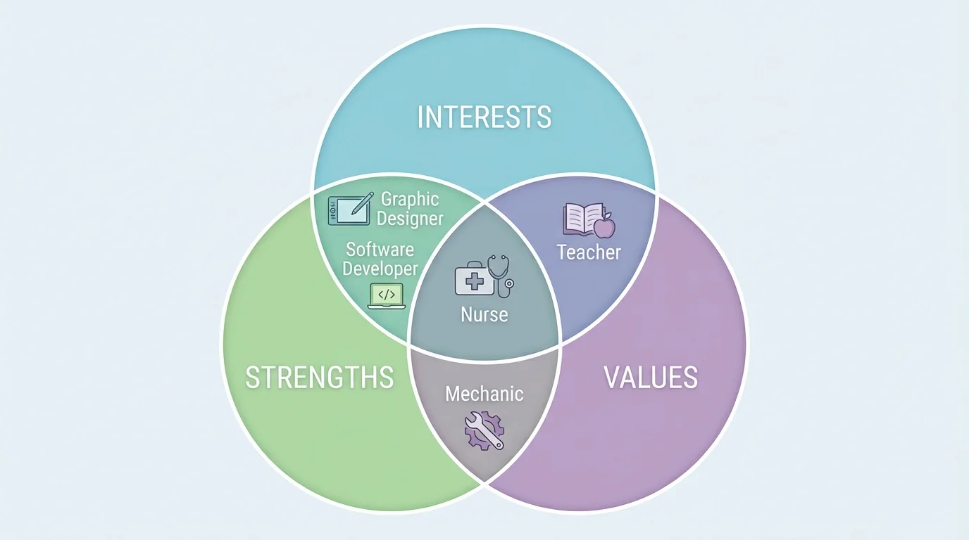 three overlapping circles labeled interests, strengths, and values, with sample careers such as nurse, graphic designer, mechanic, teacher, and software developer placed in overlap areas