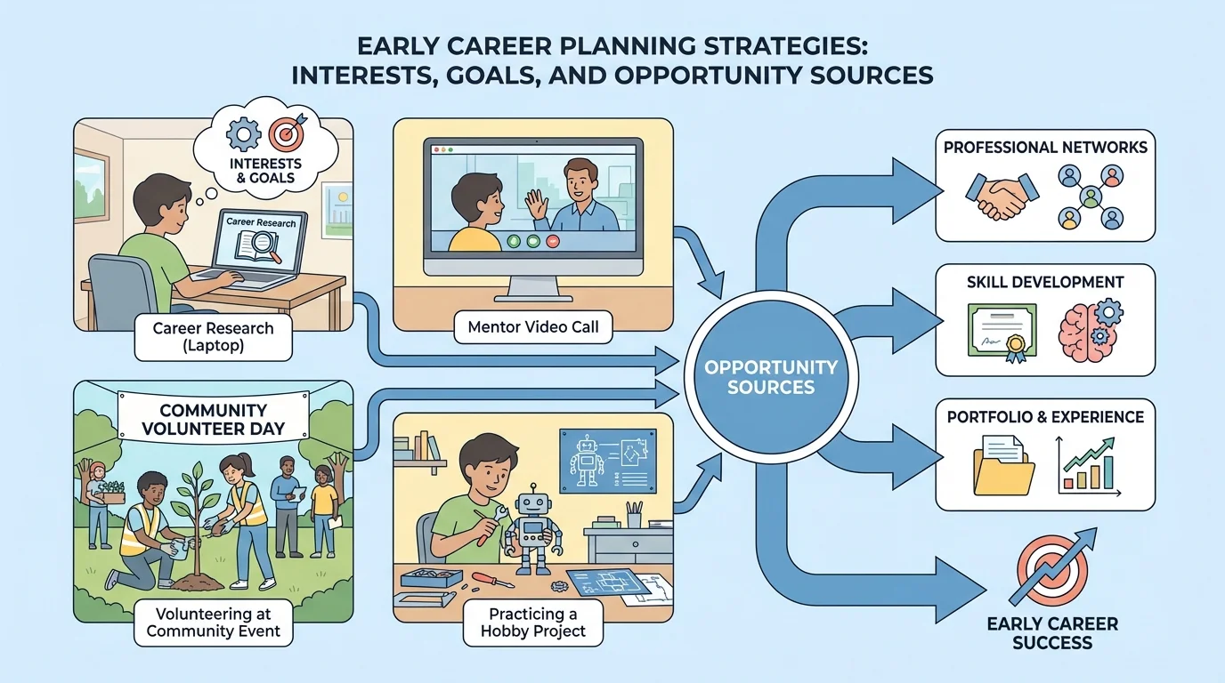 student at home using a laptop for career research, on a video call with an adult mentor, volunteering at a community event, and practicing a hobby project, with arrows connecting these as opportunity sources