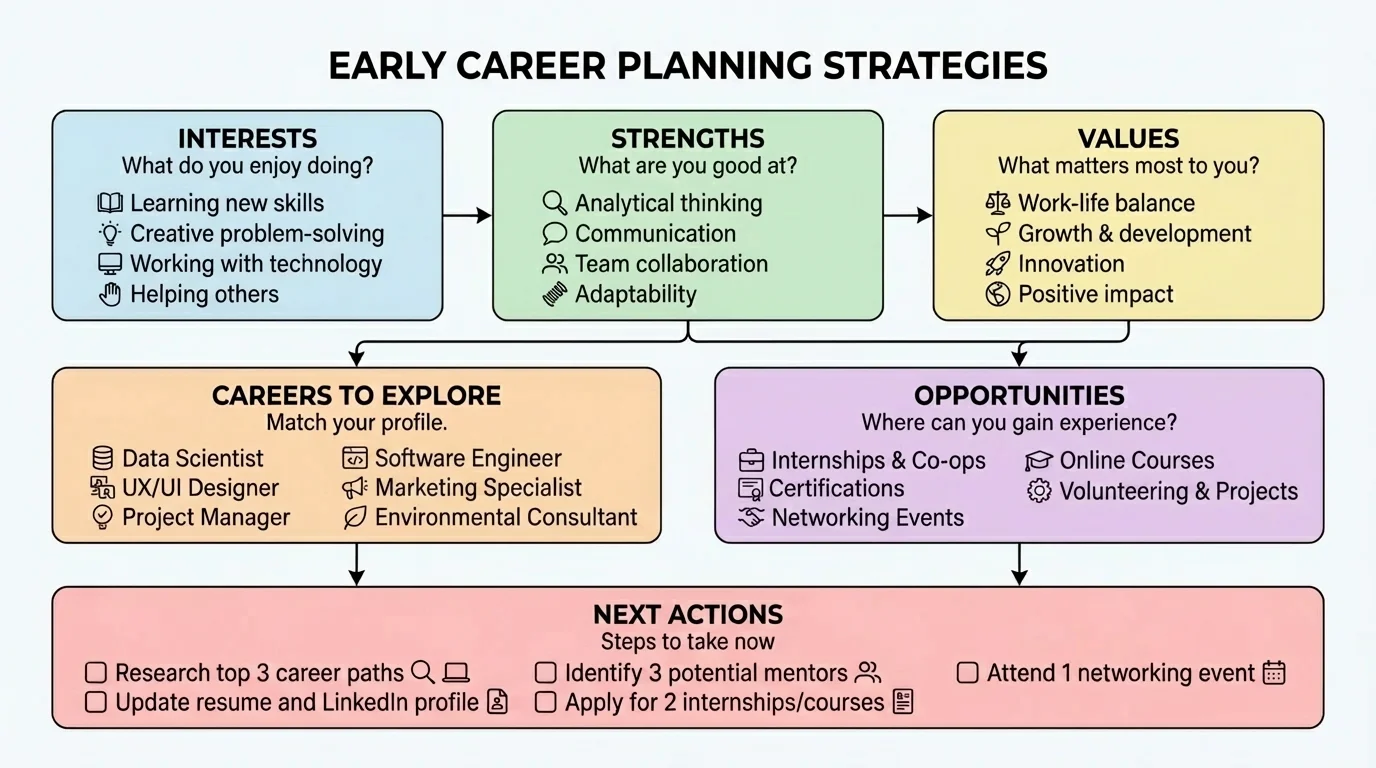 one-page career planning worksheet with labeled boxes for interests, strengths, values, careers to explore, opportunities, and next actions