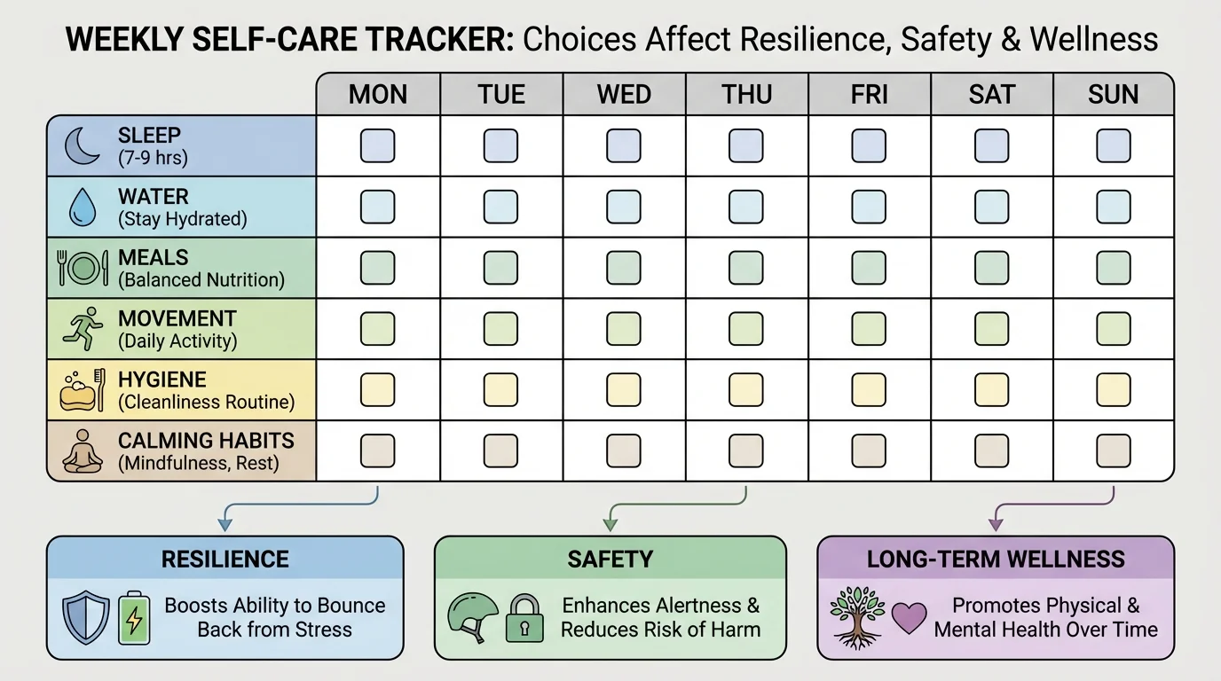 Weekly self-care tracker chart with simple checkboxes for sleep, water, meals, movement, hygiene, and calming habits