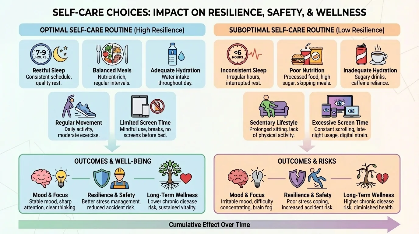 Two-column daily routine comparison showing sleep, meals, hydration, movement, screen time, and resulting mood and focus