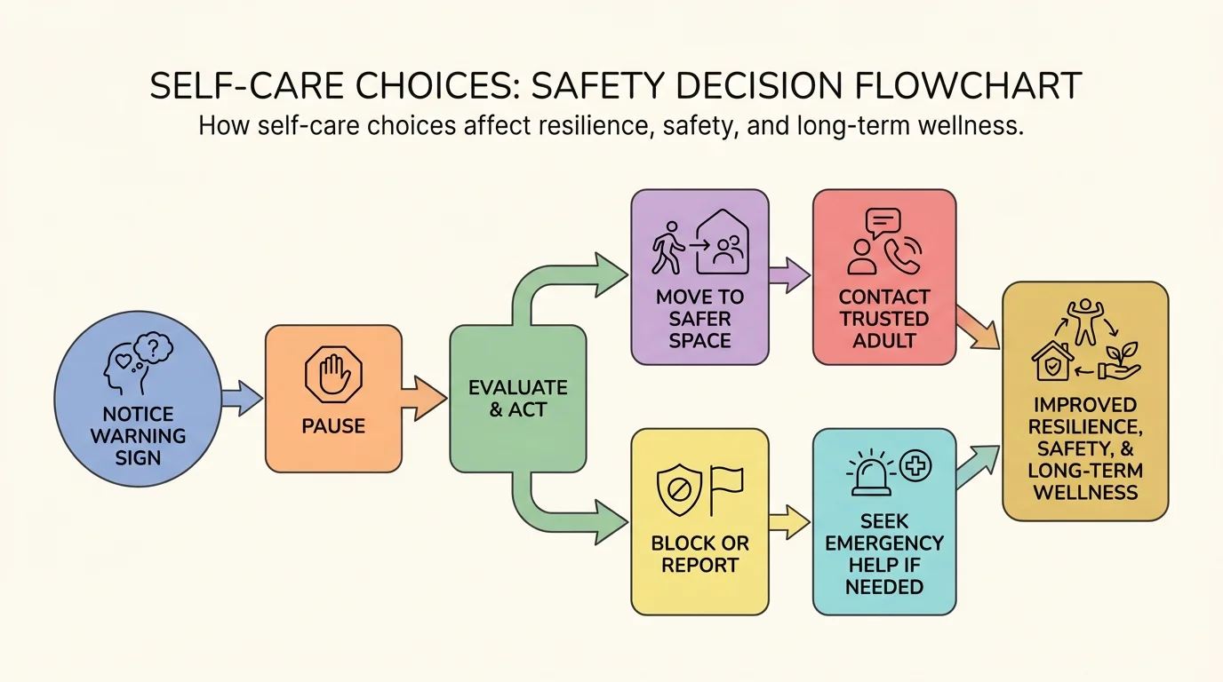 Safety decision flowchart with steps notice warning sign, pause, move to safer space, contact trusted adult, block or report, seek emergency help if needed
