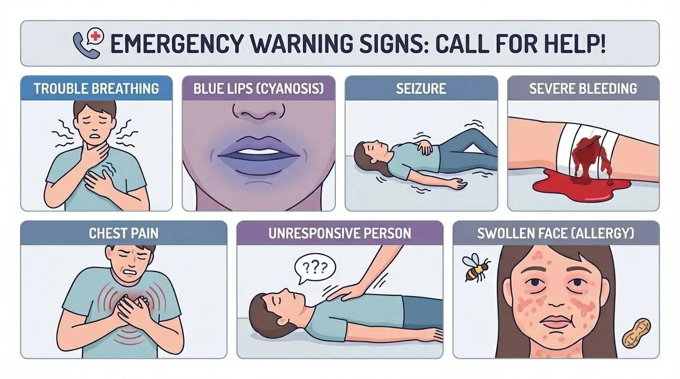 Chart of emergency warning signs including trouble breathing, blue lips, seizure, severe bleeding, chest pain, unresponsive person, and swollen face after allergy