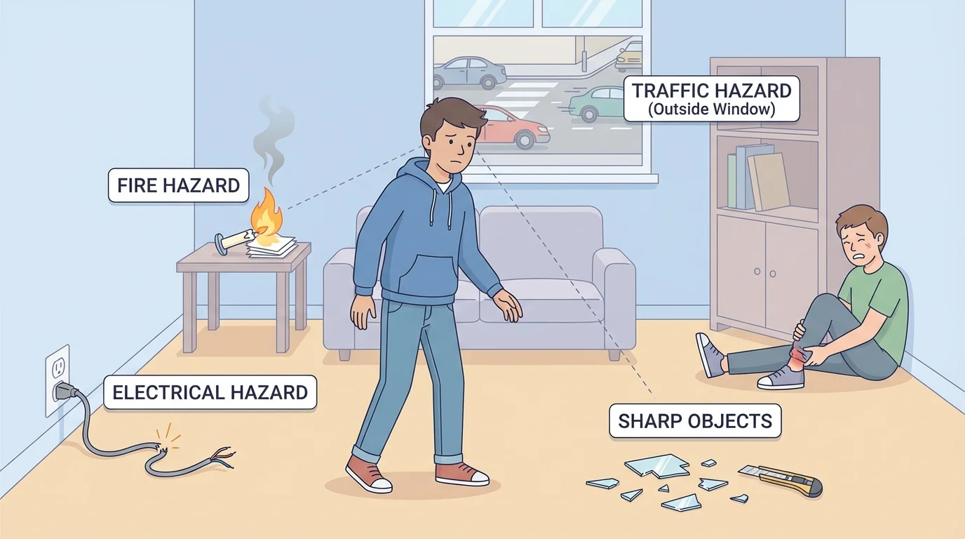 Teen checking a room for hazards before helping an injured person, with labels for fire, electricity, traffic, and sharp objects