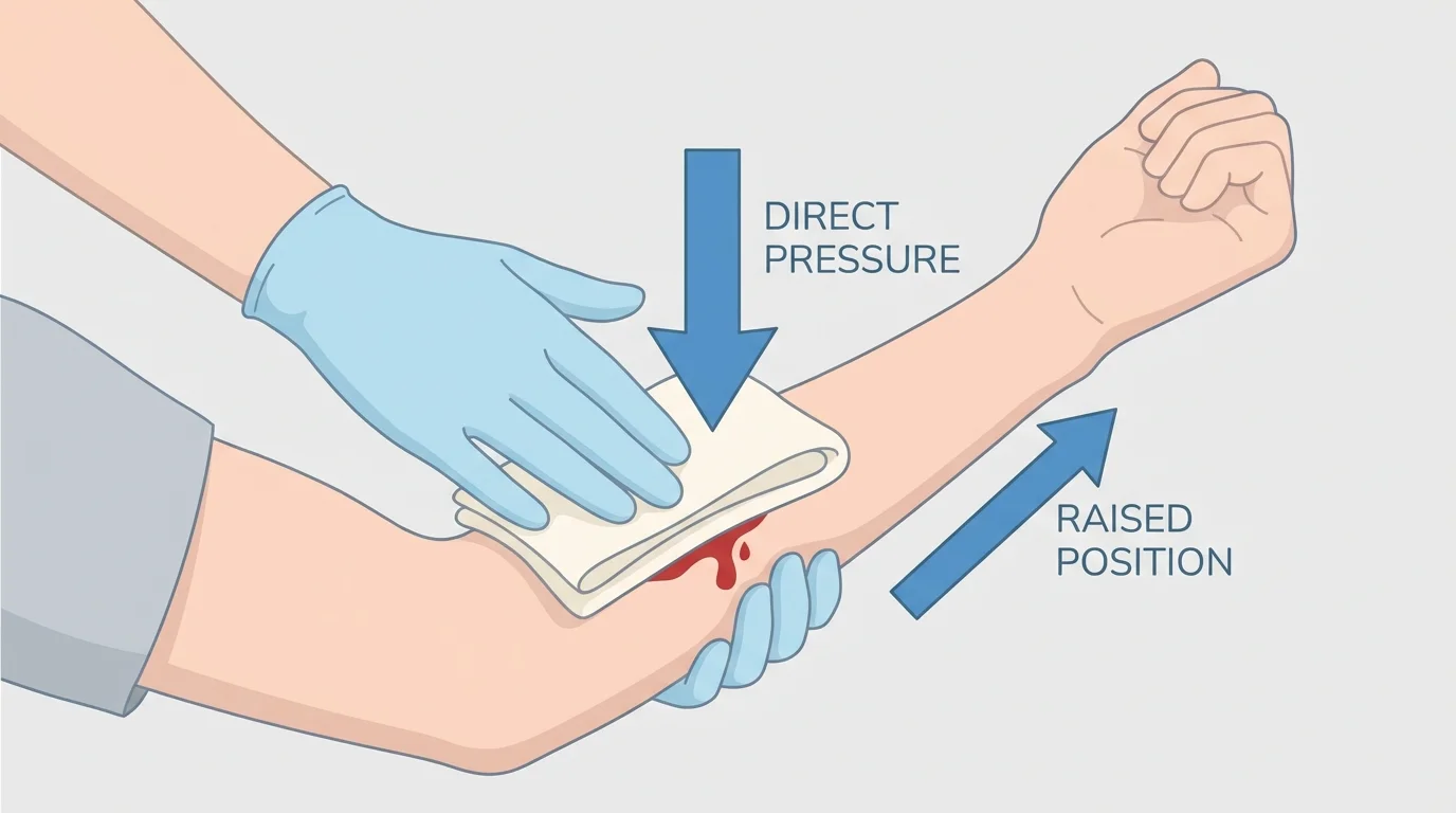 Hands applying firm pressure with clean cloth to an arm cut, with arrows showing direct pressure and raised arm position