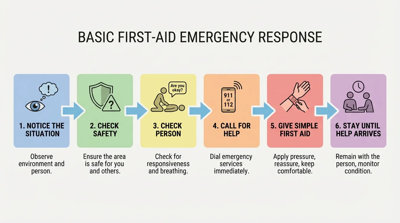 Emergency response flowchart with steps notice, check safety, check person, call for help, give simple first aid, stay until help arrives