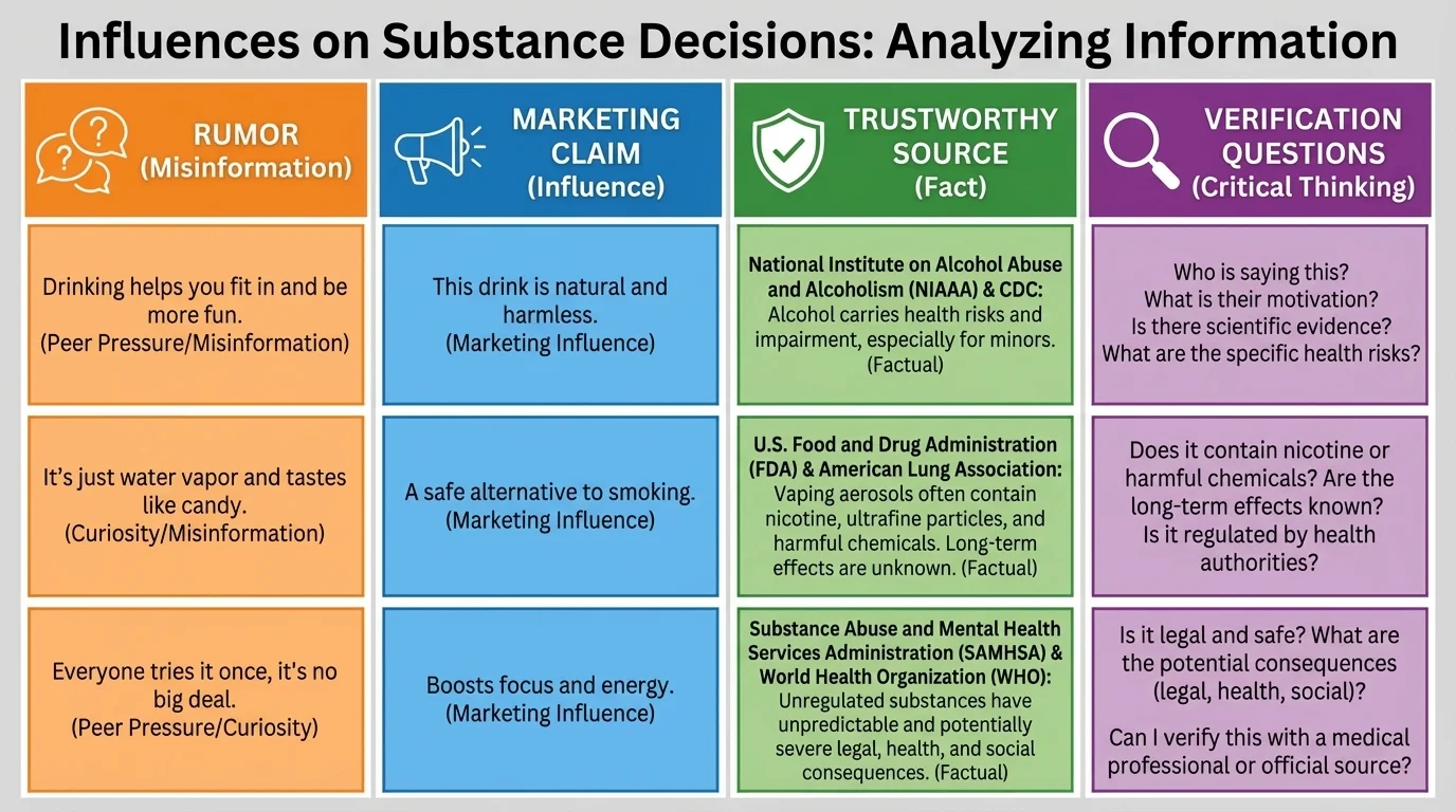 Chart comparing a rumor, a marketing claim, a trustworthy source, and questions to verify the information