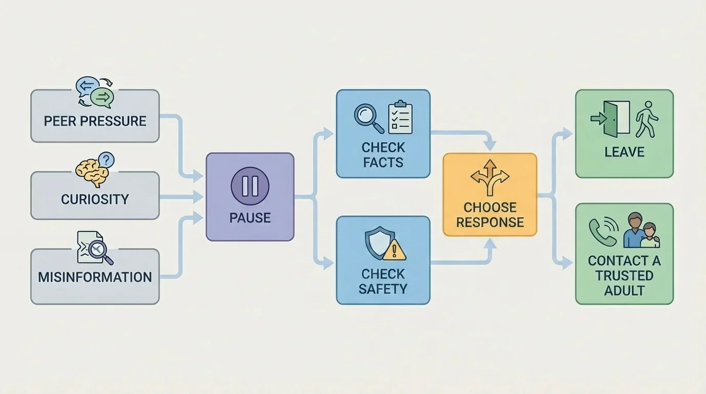 Flowchart showing pause, check facts, check safety, choose response, leave, and contact a trusted adult if needed