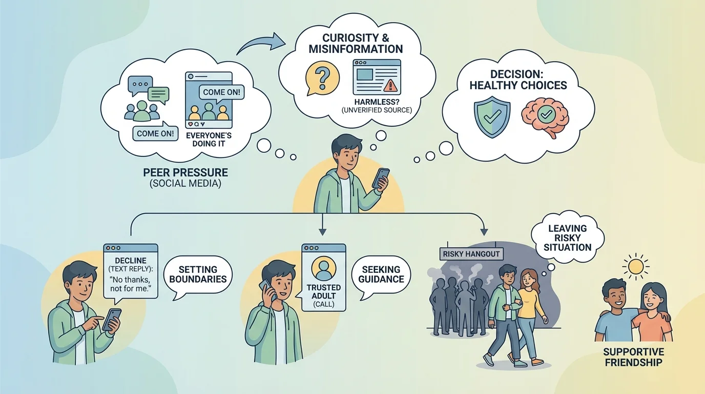 Illustration of a teen on a phone using text replies, calling a trusted adult, and leaving a risky hangout with a friend