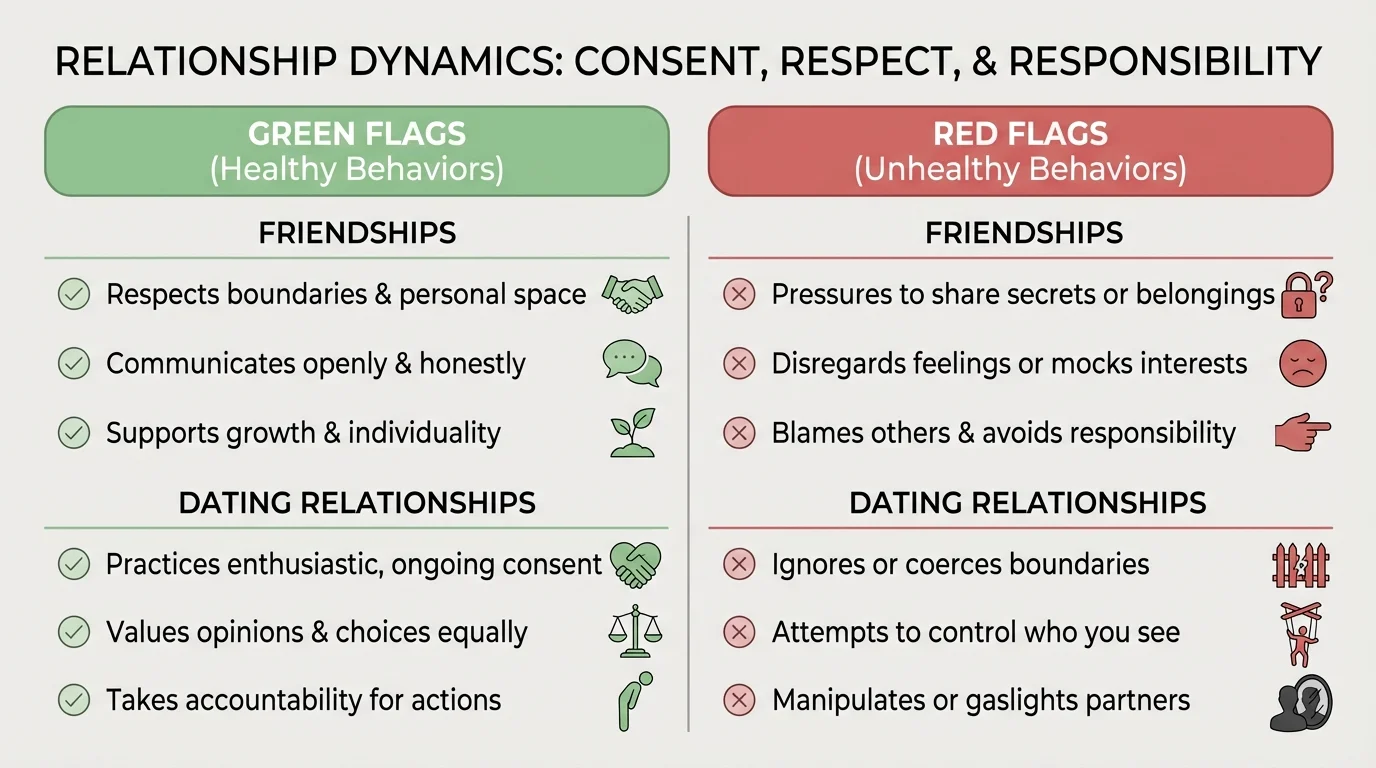 Two-column chart comparing green flags and red flags in friendships and dating relationships, with short example behaviors under each