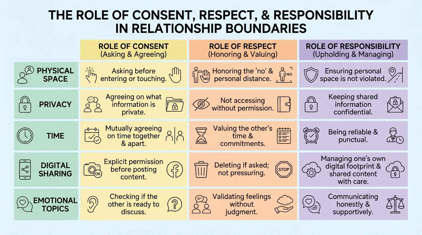 Comparison chart of boundary categories with short examples for physical space, privacy, time, digital sharing, and emotional topics