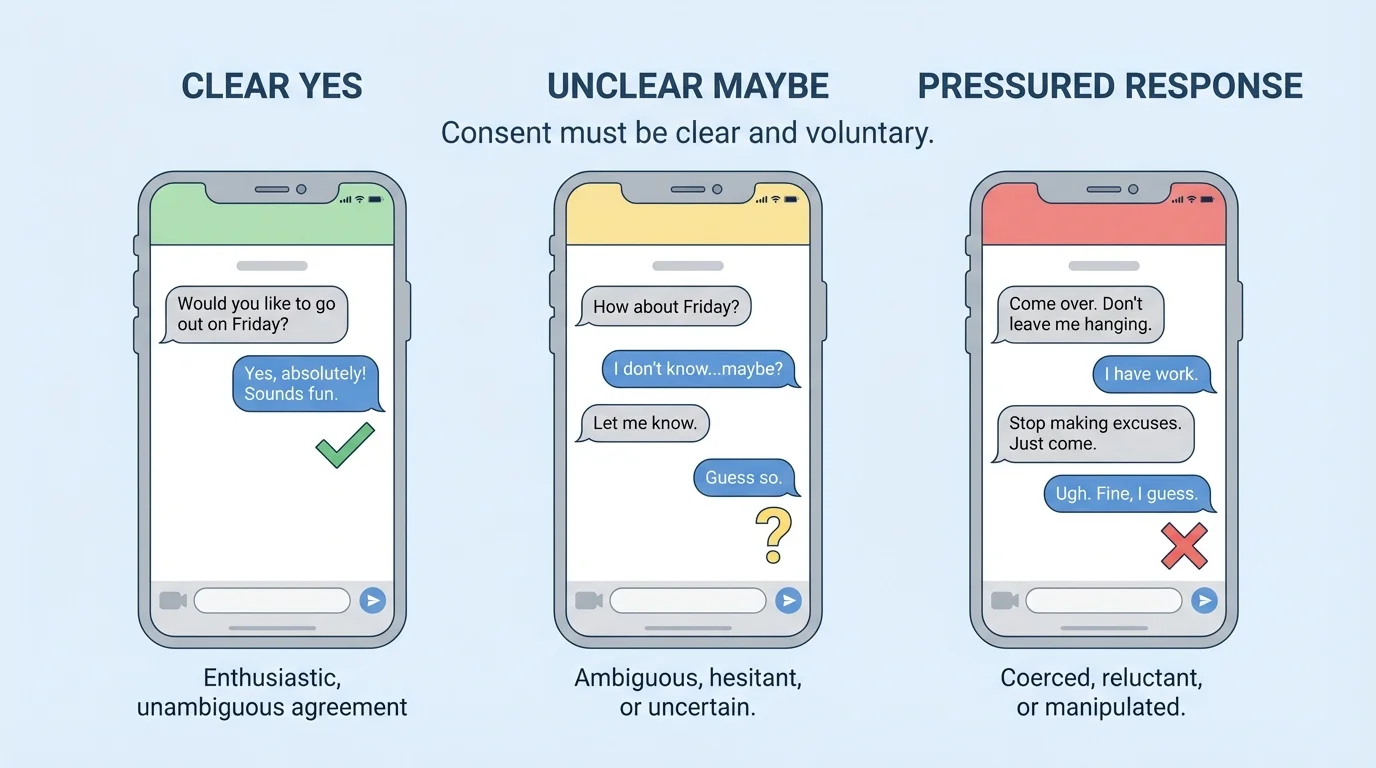 Three phone text-message conversations side by side labeled clear yes, unclear maybe, and pressured response, showing how consent must be clear and voluntary