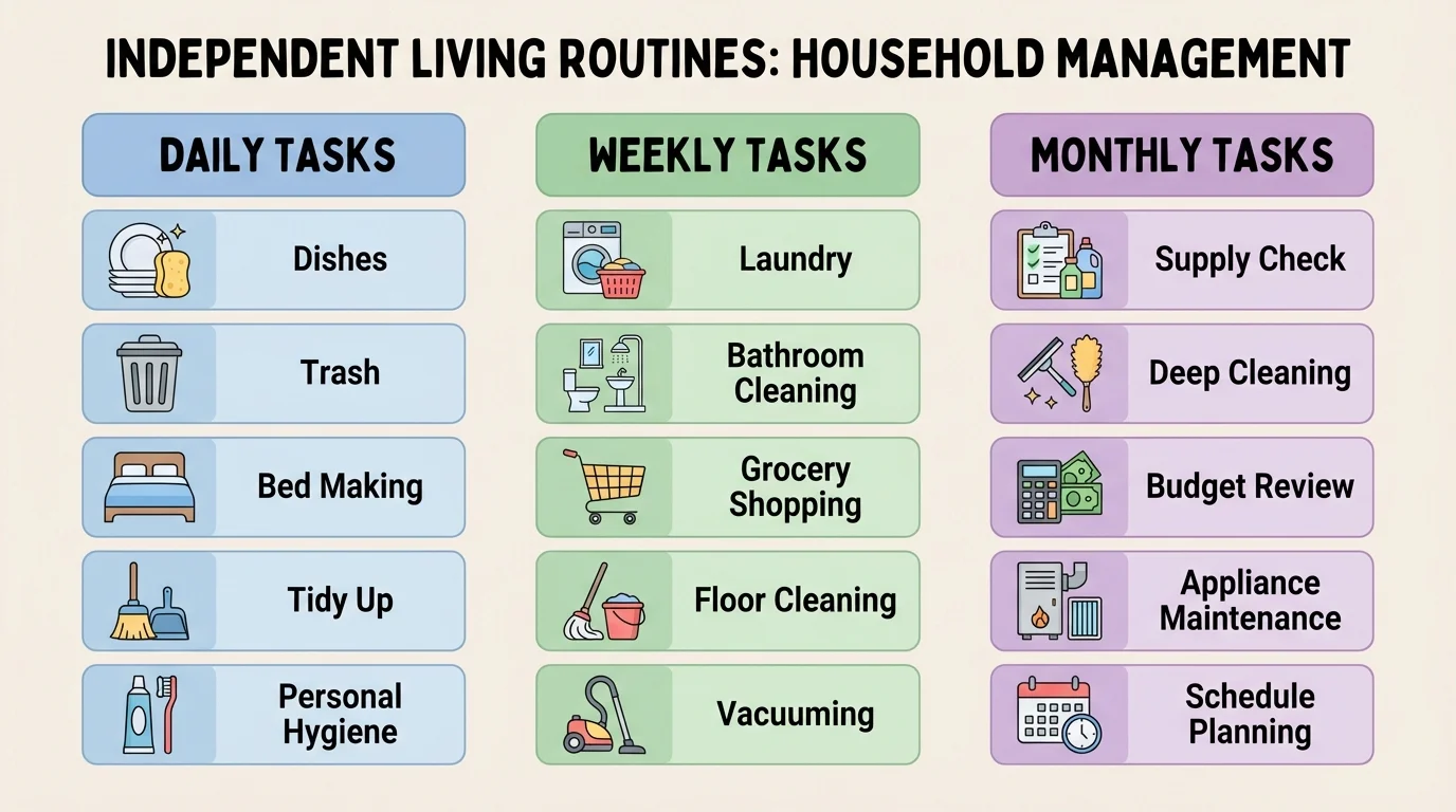 chart with columns for daily, weekly, and monthly home tasks such as dishes, trash, laundry, bathroom cleaning, and supply check