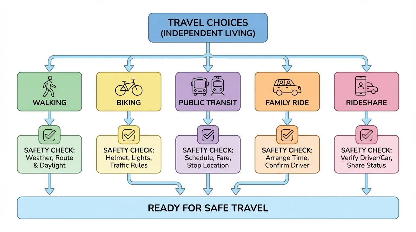 flowchart showing travel choices between walking, biking, public transit, family ride, and rideshare with safety checks