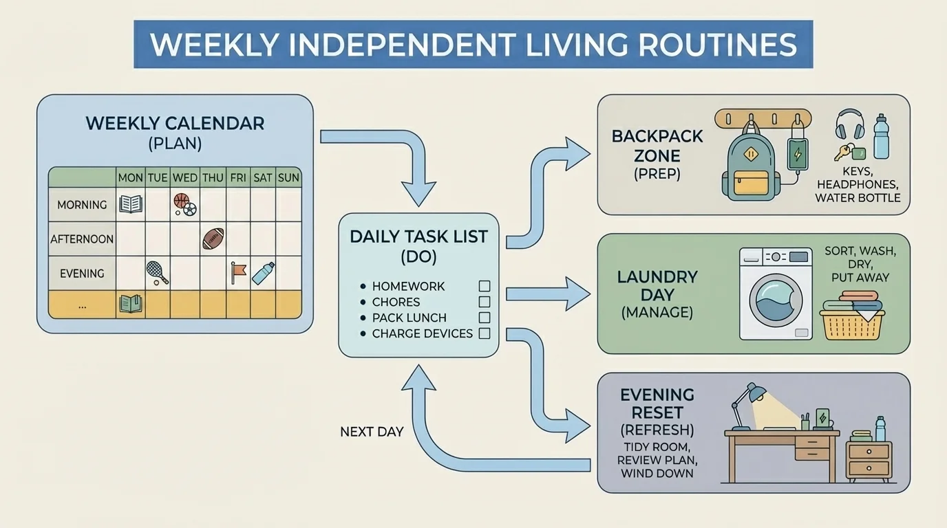 flowchart of a teen's weekly organization system with calendar, task list, backpack zone, laundry day, and evening reset