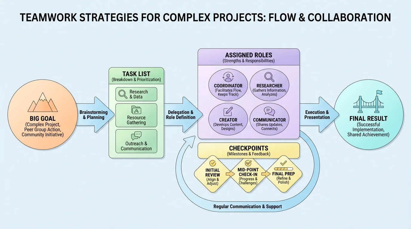 flowchart showing a team project moving from big goal to task list, assigned roles, checkpoints, and final result