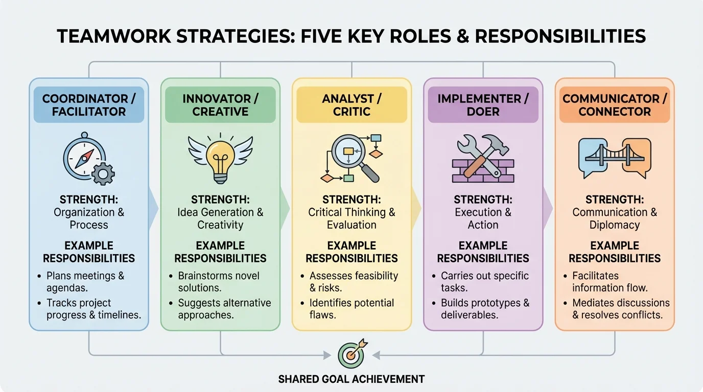 chart showing five team roles with simple strength icons and example responsibilities