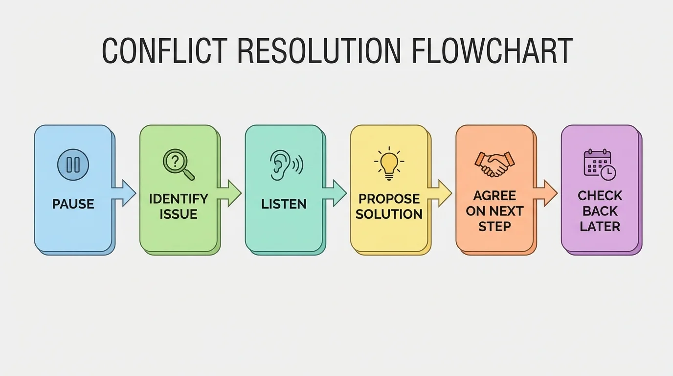 flowchart showing conflict steps pause, identify issue, listen, propose solution, agree on next step, check back later