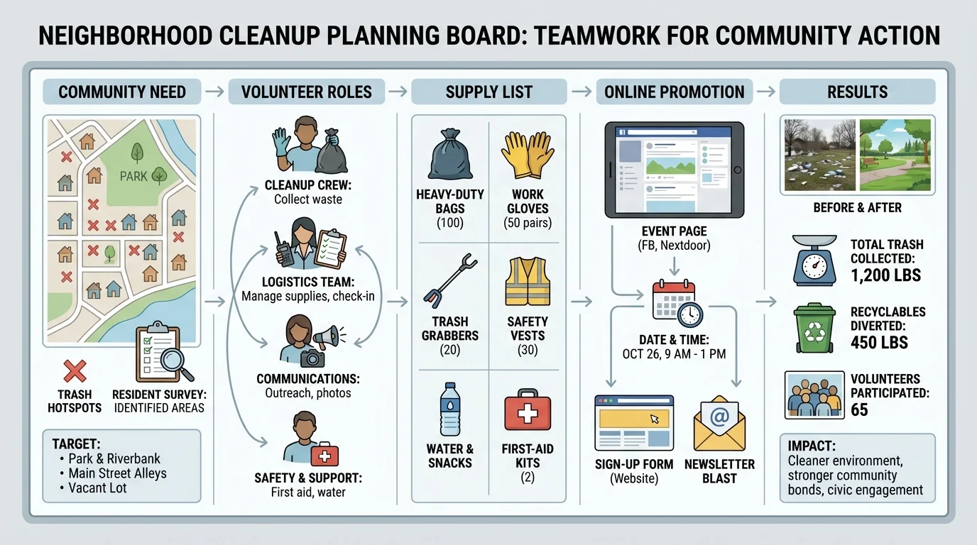 illustration of a neighborhood cleanup planning board with community need, volunteer roles, supply list, online promotion, and results