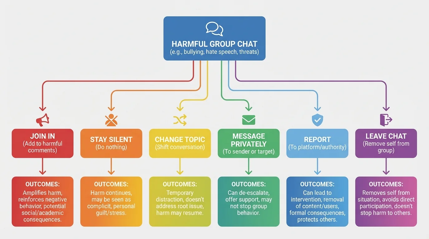 decision tree for a harmful group chat with choices join in, stay silent, change topic, message privately, report, or leave chat, each leading to likely outcomes