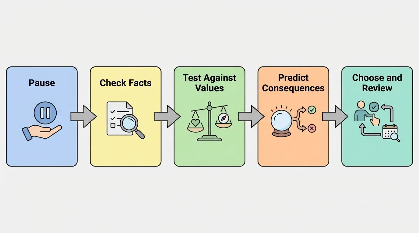 five-step ethical decision process with boxes labeled pause, check facts, test against values, predict consequences, choose and review