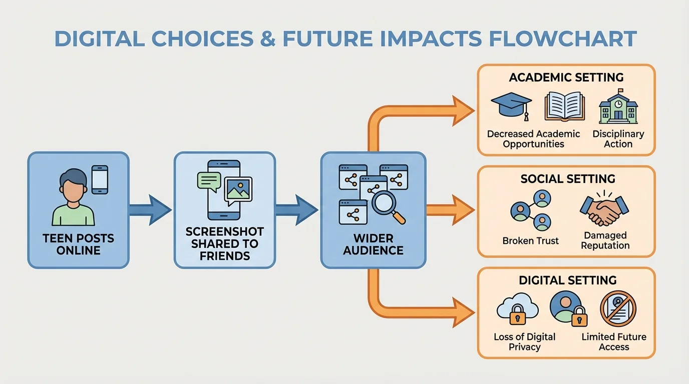 flowchart showing a teen posting online, screenshot shared to friends, wider audience, and effects on trust, reputation, and future opportunities
