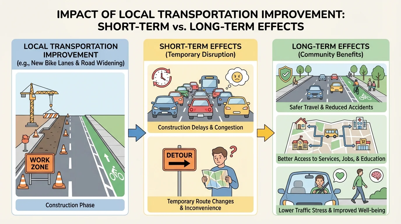 comparison chart showing a local transportation improvement with short-term effects like construction delays and long-term effects like safer travel, better access, and lower traffic stress