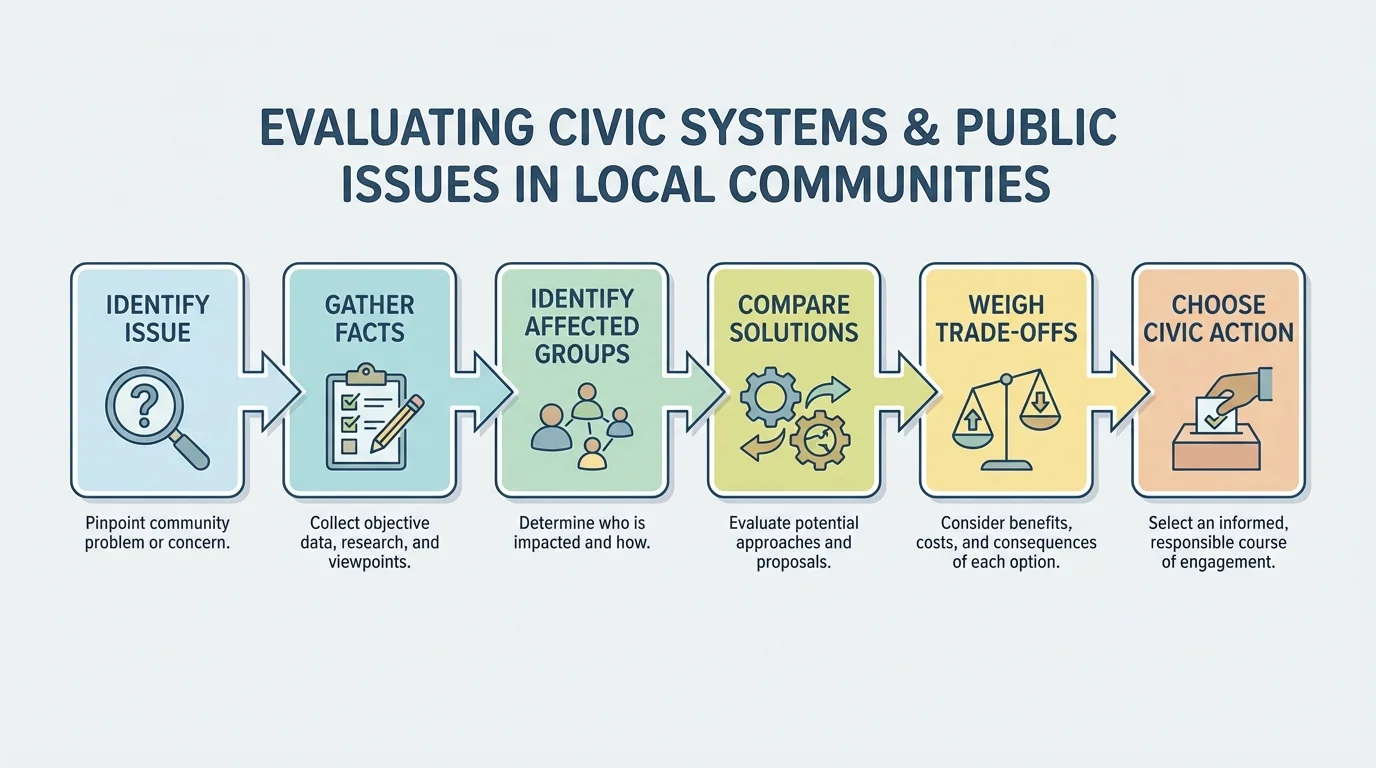 step-by-step evaluation process with boxes labeled identify issue, gather facts, identify affected groups, compare solutions, weigh trade-offs, choose civic action