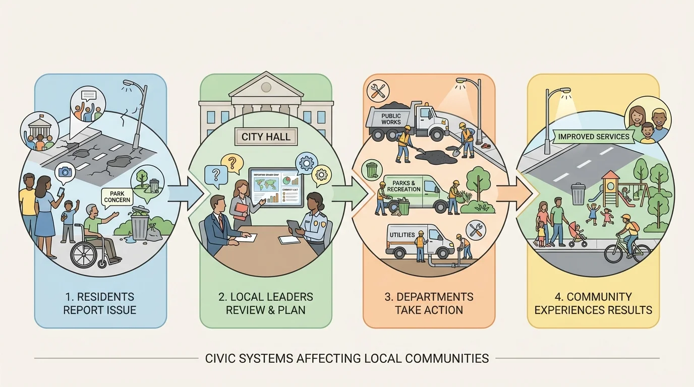residents report a local issue, city council or local leaders review it, departments take action, and the community experiences results such as repaired streets or improved services