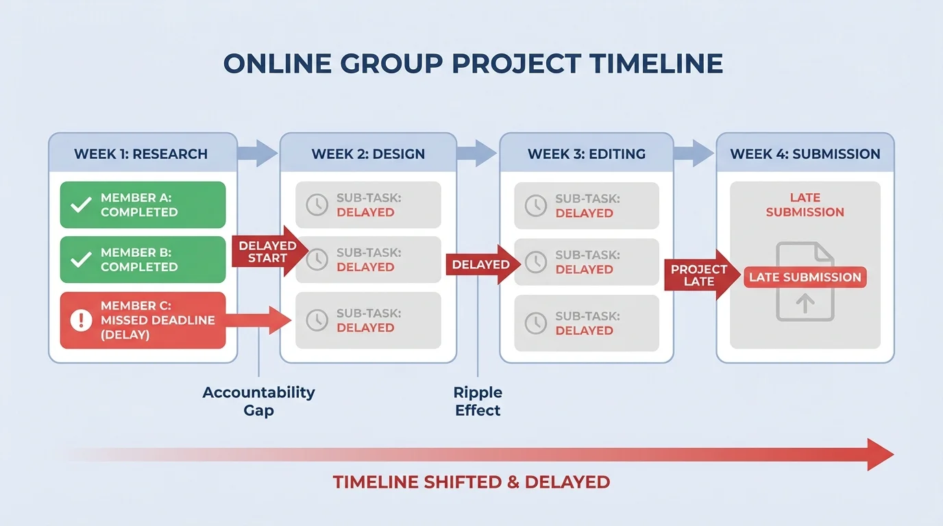 Illustration of an online group project timeline where one missed step delays research, design, editing, and submission for the whole team