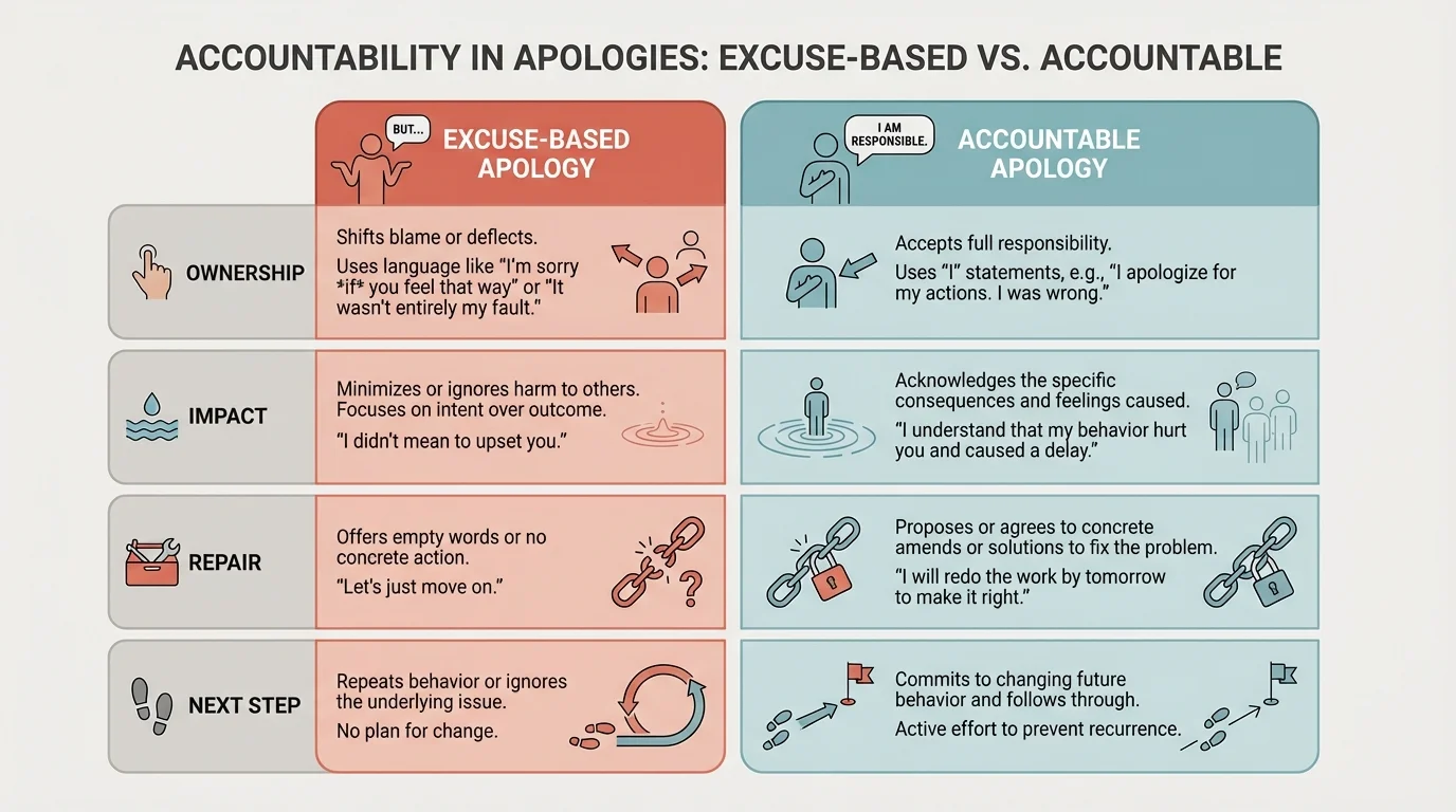 Two-column chart comparing excuse-based apology versus accountable apology with parts labeled ownership, impact, repair, next step