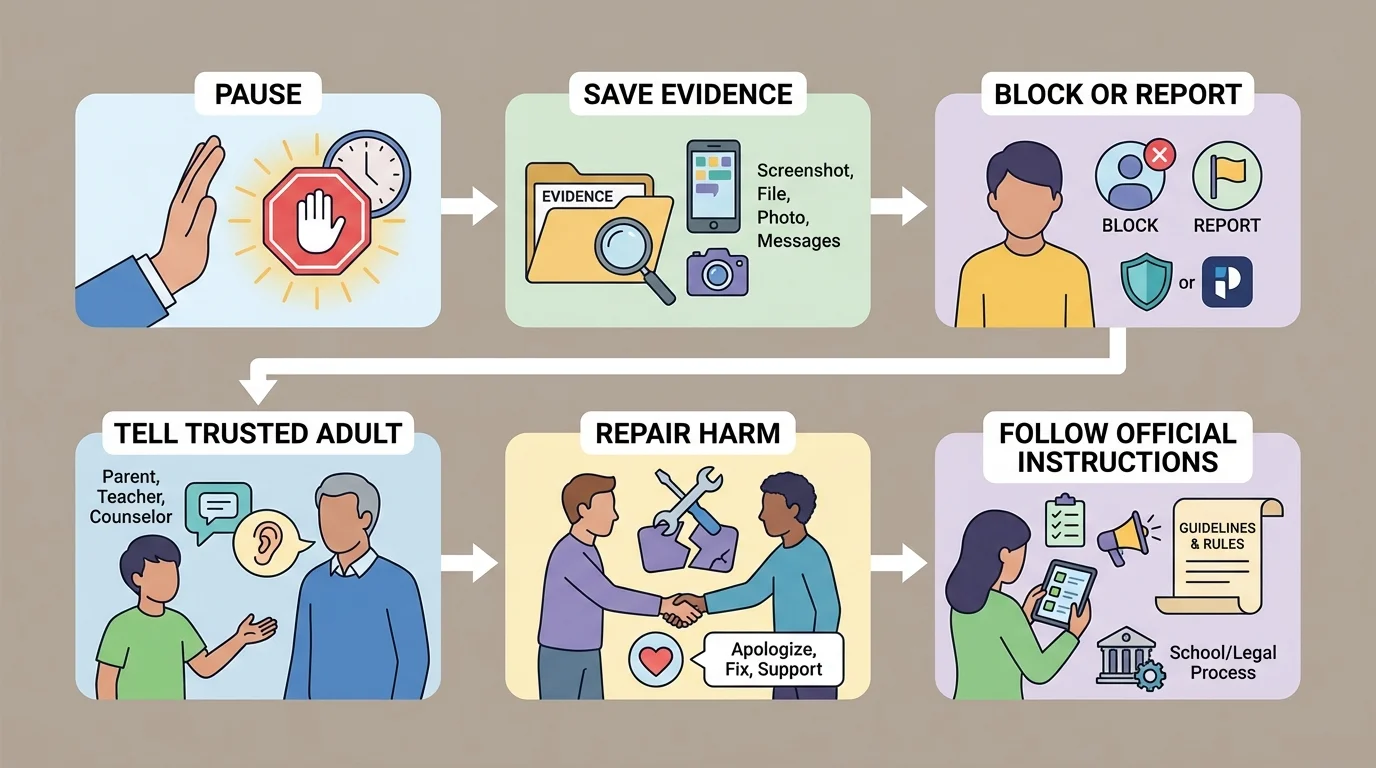 Safe response steps showing pause, save evidence, block or report, tell trusted adult, repair harm, and follow official instructions