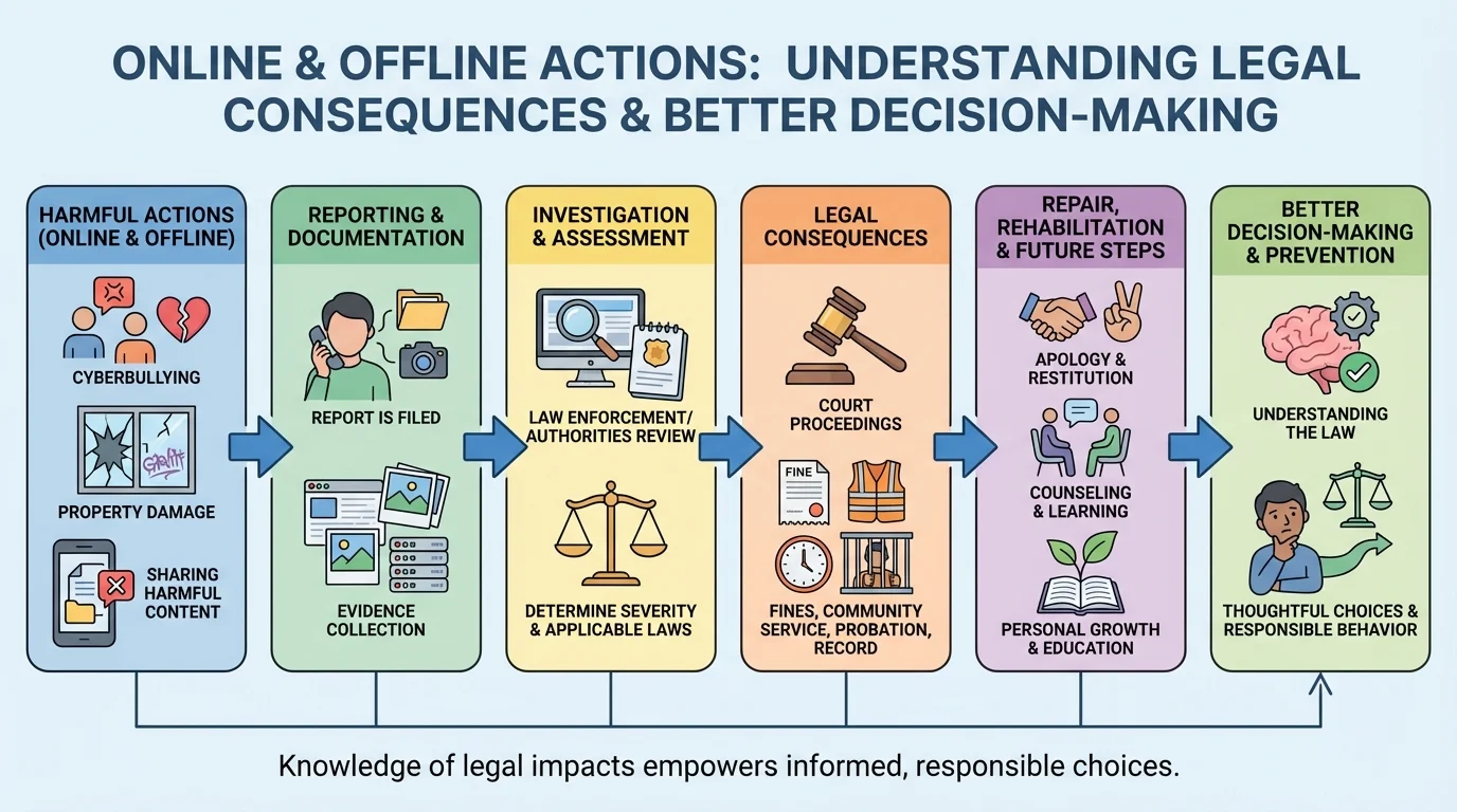 Harmful action leading to report, evidence collection, investigation, consequences, and repair steps with simple labeled boxes and arrows