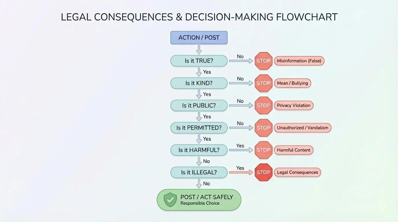 Decision tree with questions Is it true, kind, private, permitted, harmful, or illegal leading to Stop or Post/Act safely