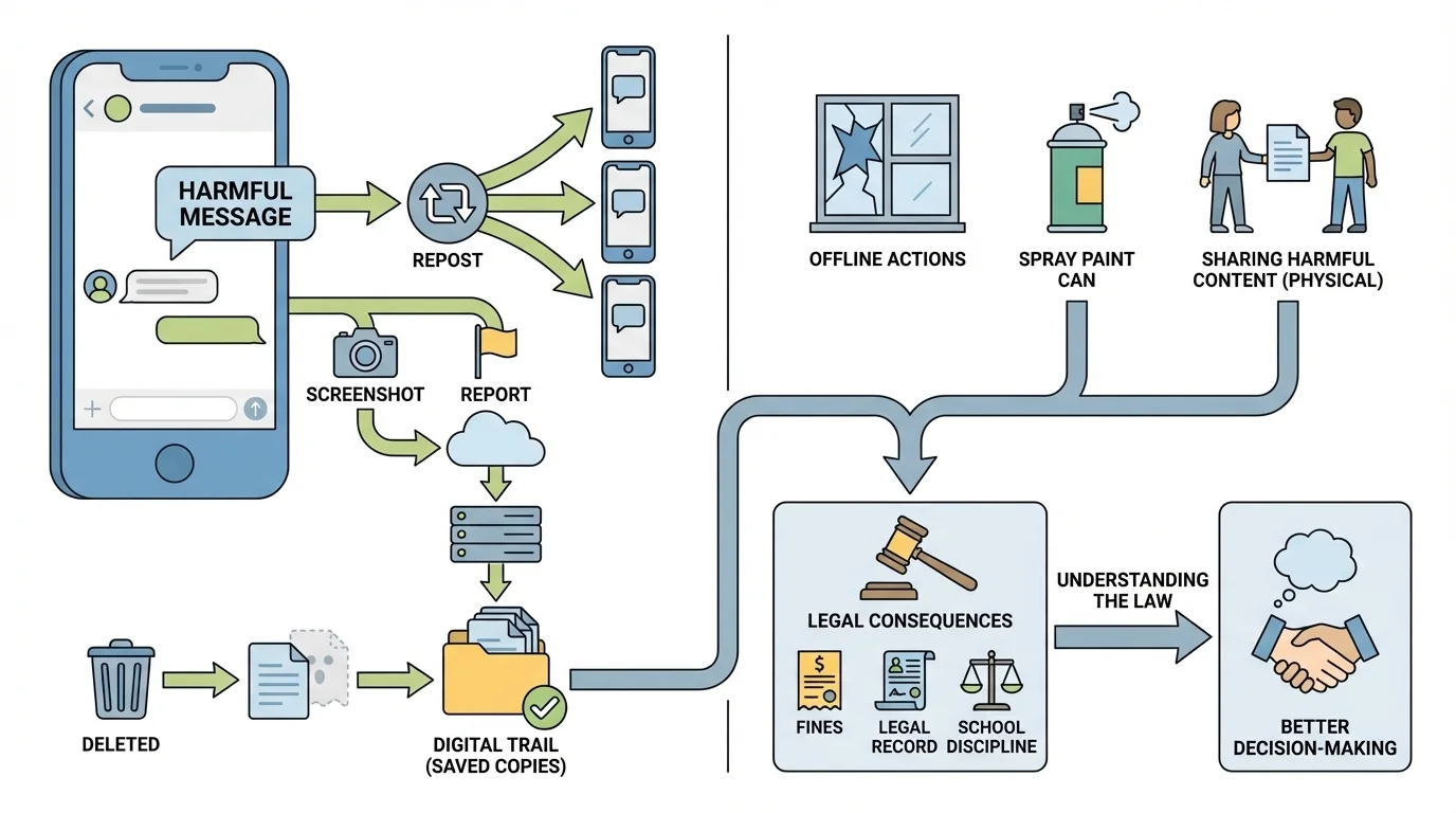 Phone screen with message spreading through repost arrows, a screenshot icon, report icon, and saved copies showing how deleted content can remain