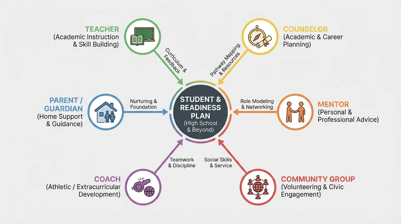 diagram of a student at center connected to parent or guardian, teacher, counselor, coach, mentor, and community group