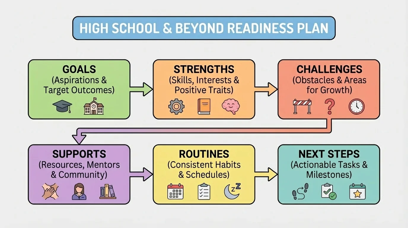 flowchart showing readiness plan sections: goals, strengths, challenges, supports, routines, and next steps