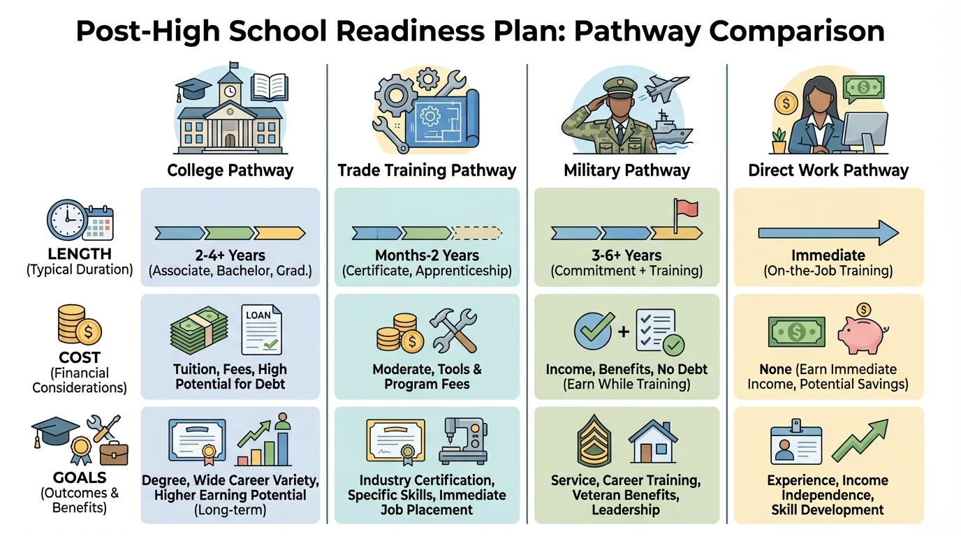 chart comparing four pathways—college, trade training, military, and direct work—with focus on length, cost, and goals