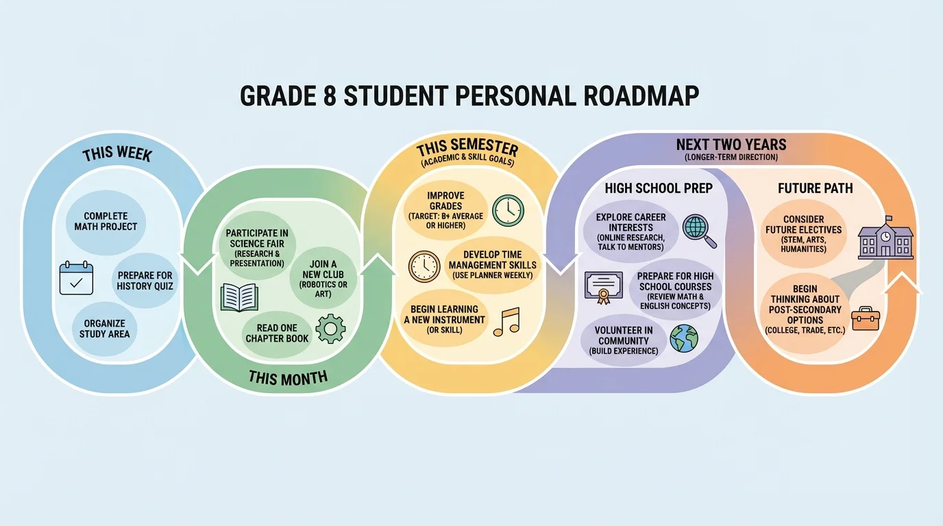 Timeline of a grade 8 student roadmap with this week, this month, this semester, and next two years goals