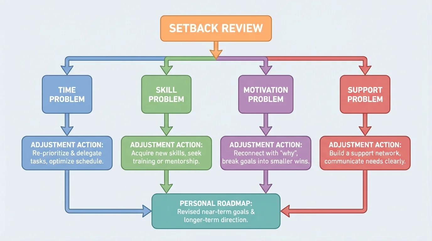 Flowchart showing setback review with branches for time problem, skill problem, motivation problem, and support problem, leading to adjustment actions