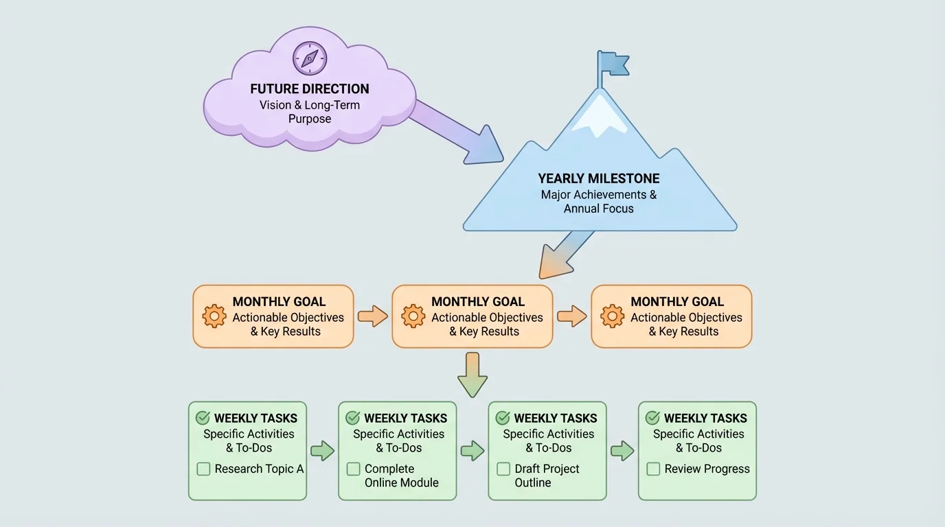 Flowchart showing a personal roadmap from future direction to yearly milestone to monthly goal to weekly tasks