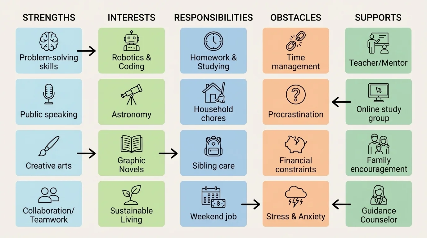 Chart with five columns labeled strengths, interests, responsibilities, obstacles, and supports, filled with sample student examples