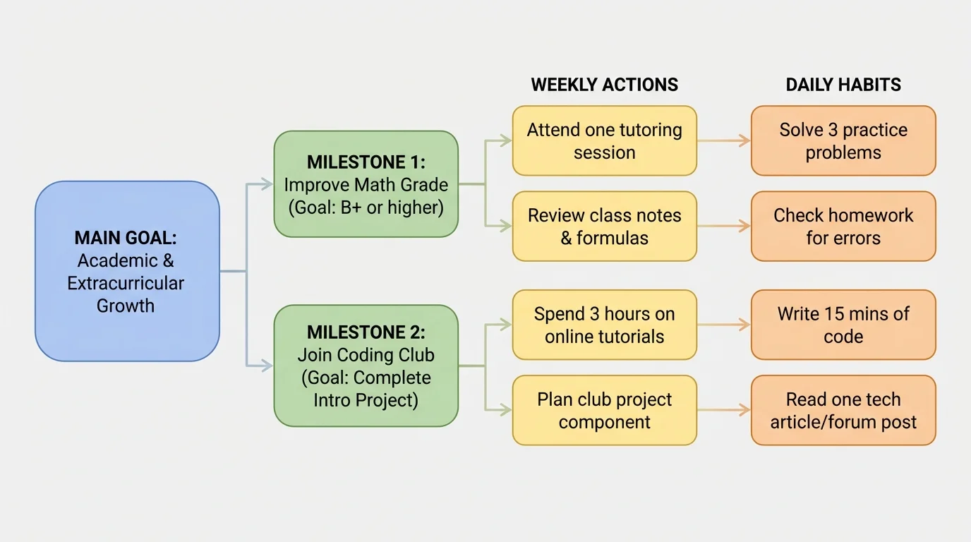 Flowchart showing goal to milestones to weekly actions to daily habits for improving math grade and joining a coding club