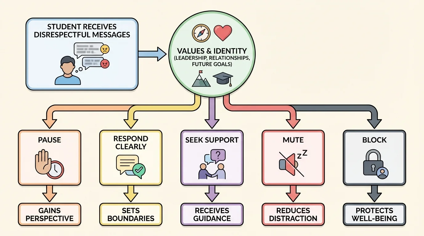 flowchart of a student receiving disrespectful messages and choosing pause, respond clearly, seek support, mute, or block