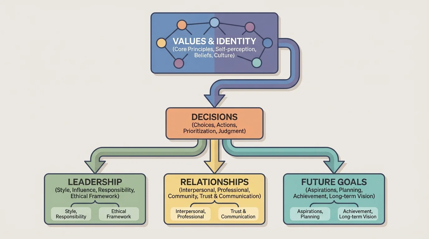 flowchart showing values and identity influencing decisions, which affect leadership, relationships, and future goals