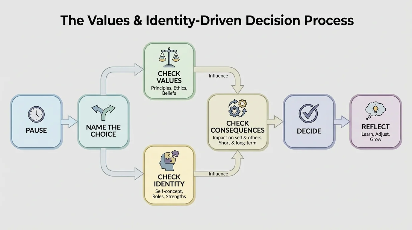 flowchart with steps pause, name the choice, check values, check identity, check consequences, decide, reflect