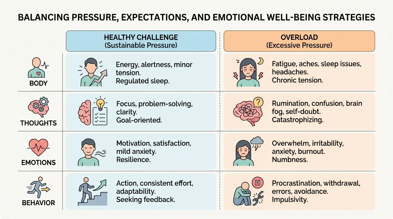 Two-column chart comparing healthy challenge and overload signs across body, thoughts, emotions, and behavior
