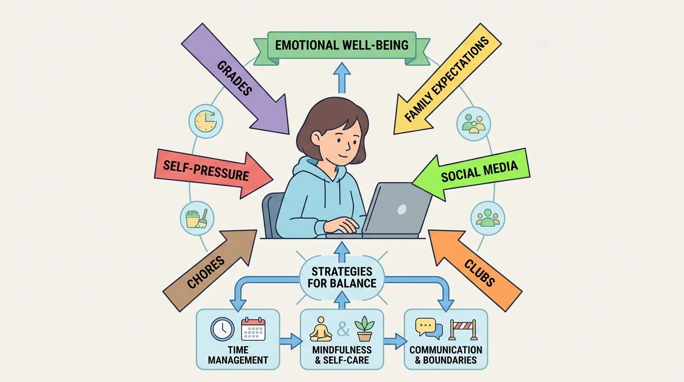 Student at center using a laptop, with arrows labeled grades, family expectations, social media, clubs, chores, and self-pressure coming from different directions