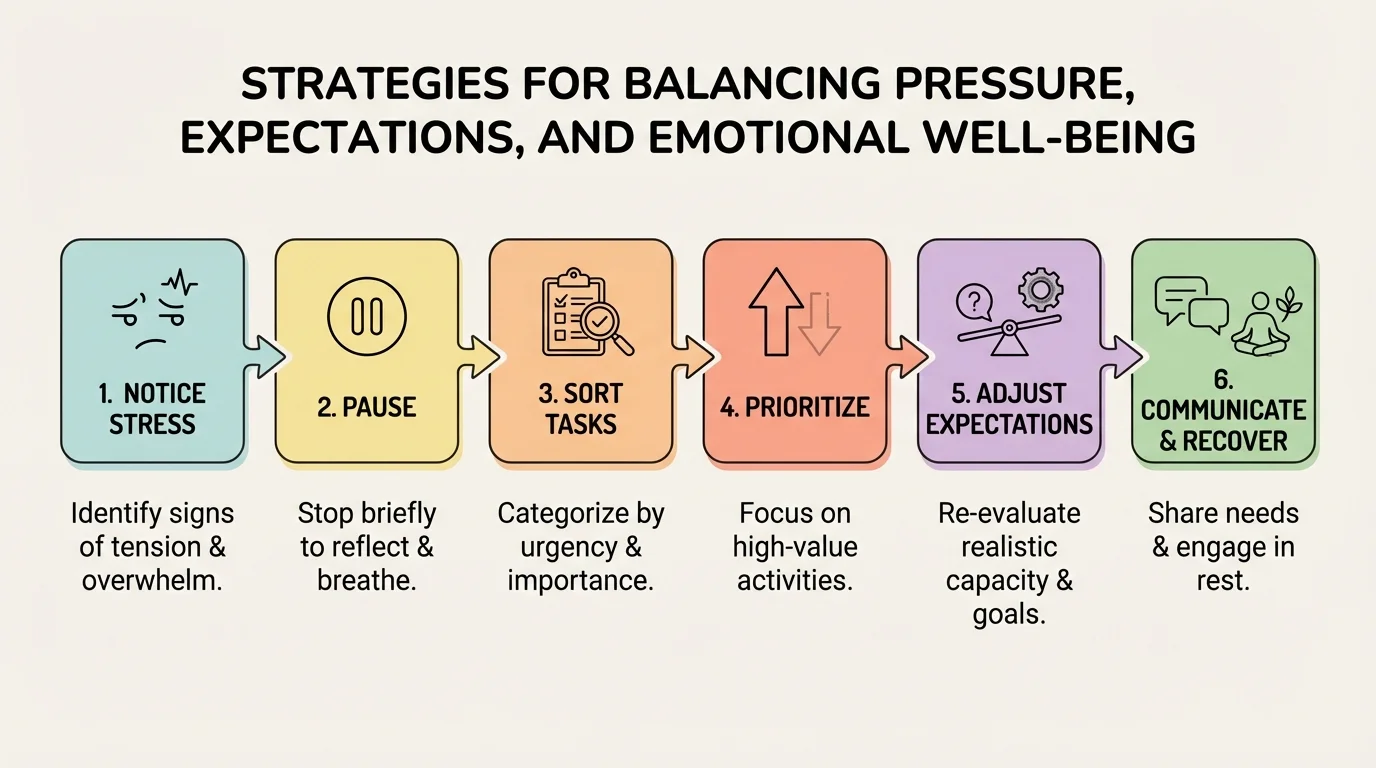 Six-step flowchart showing notice stress, pause, sort tasks, prioritize, adjust expectations, communicate, and recover with arrows between steps